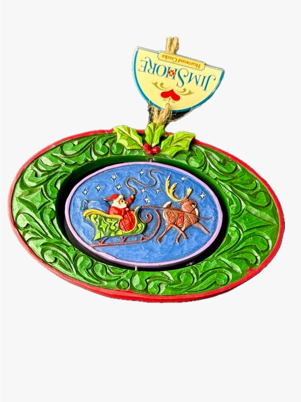 Jim Shore Festive Santa and Reindeer Spinning Ornament - Green and Red